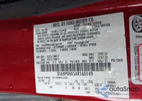 2010 Ford Fusion Se z USA, uszkodzony, nr VIN 3FAHP0HA5AR160149